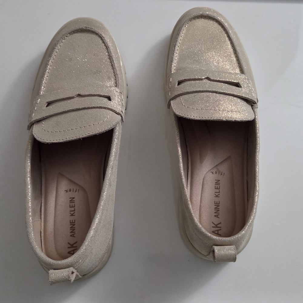 Anne Klein "Kinetic" Shimmery Beige/Gold Penny Loafers